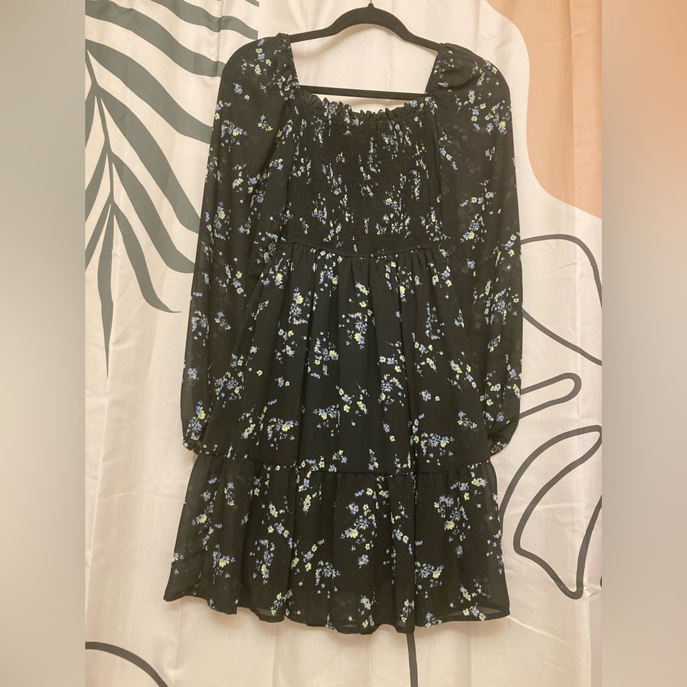 Smocked Black Floral Mini Dress - Picture 4 of 4